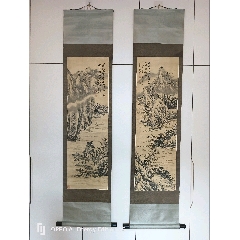 栗田槐子，民国时期南画青绿山水《梅山觅句图》国画书法古玩字画。绢本