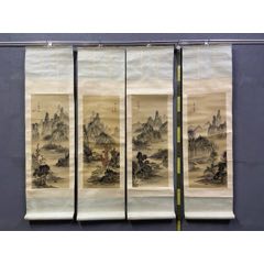 幽月，设色山水《溪村钓叟图》国画书法古玩字画装饰挂画。绢本绫裱_