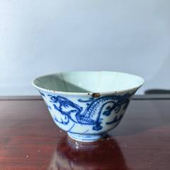清康熙時代 青花博古紋対碗 古染付茶圆一対 【玩玉】青花堂名款 (F-180