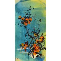 由怡华，八十年代工笔花鸟画《鸳鸯戏水图》国画书法古玩字画。原装老裱