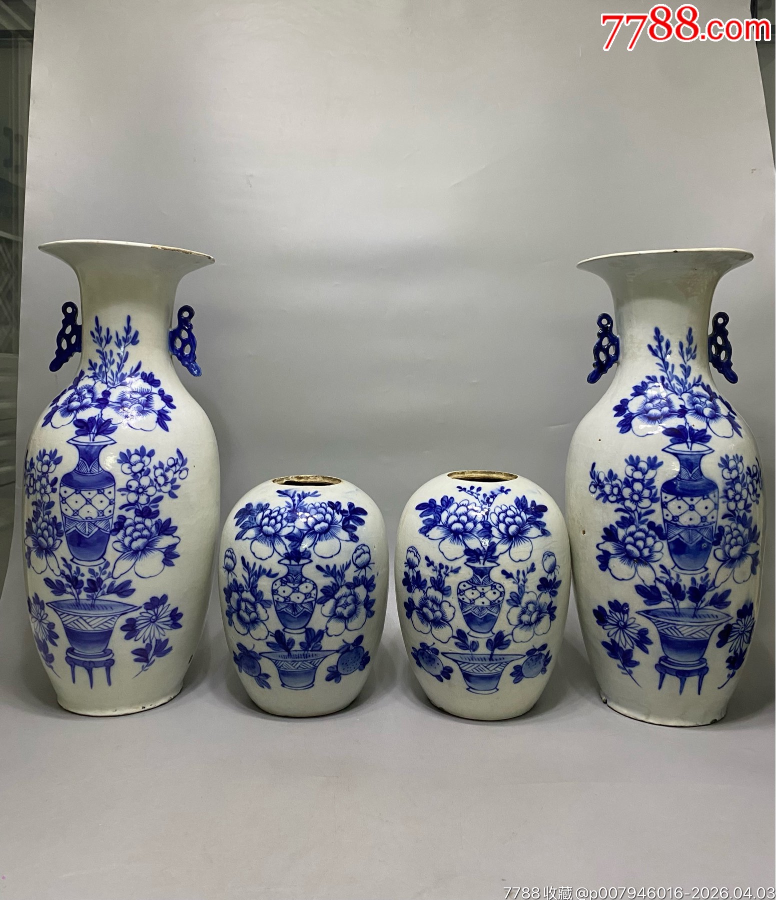 清代青花北方博古大瓶一堂,画工精美器形硕大。古香古色,粘耳一只口沿小冲小瑕疵如图-价格:2200元-se111418630-青花瓷-零售 ...