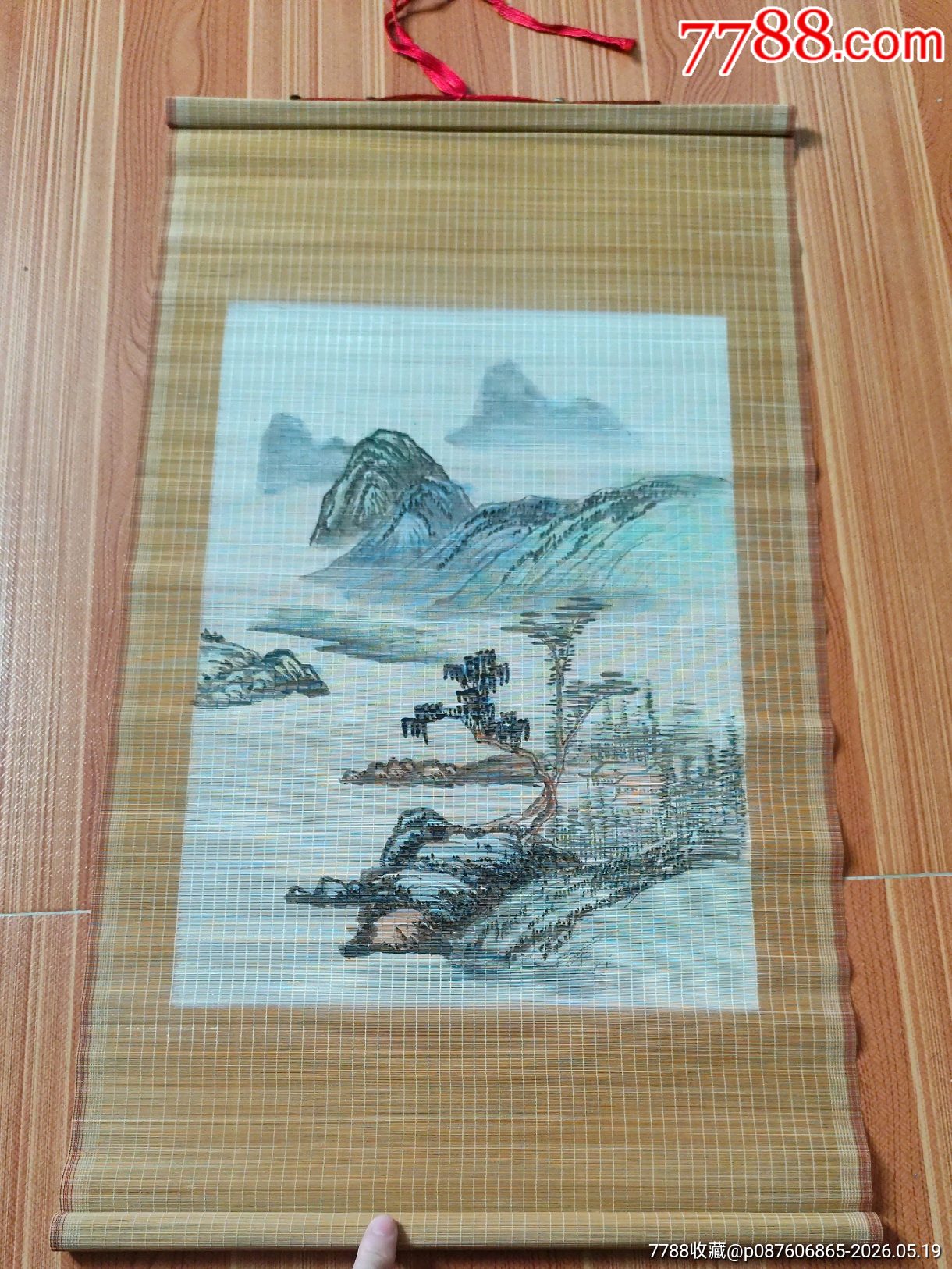 七十年代手绘竹丝画帘山水6-竹帘画/竹雕画-7788普洱