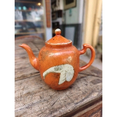 古玩老货清末民国胭脂红花卉茶壶一把-红釉瓷-7788徽章收藏