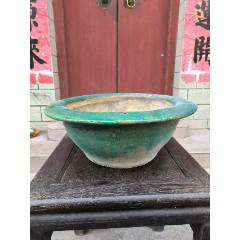 一个清代老石湾绿釉大嘴唇双兽头鼓钉大花盆_绿陶_图片鉴赏_收藏价值_