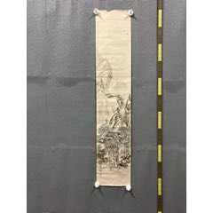 古月，水墨山水画《江畔人家》国画书法古玩字画装饰挂画。纸本绫裱画心