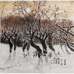 竹田，七十年代大幅水墨山水中堂《春山瀑江图》国画书法手绘字画。绢本
