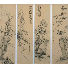 石舟，八十年代工笔花卉茶挂《玉兰蝴蝶图》国画书法古玩字画装饰挂画