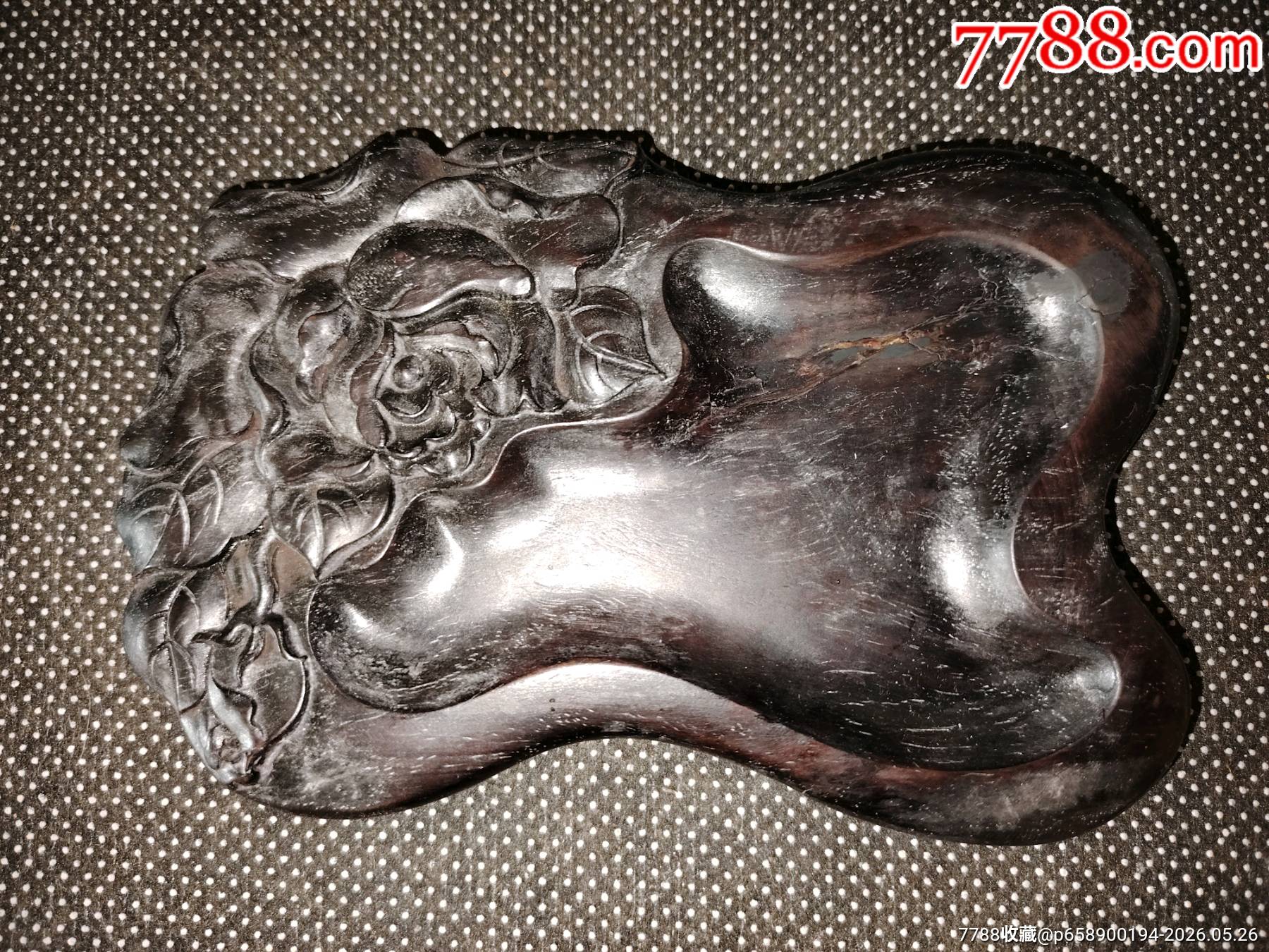 清至民国\高浮雕牡丹花紫檀木砚/尺寸21X13.5X2.6公分重568克-木砚-7788