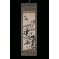 百年古画】日本明治一大正南画名家荻田东岭湖山清意绢本立轴(带原装