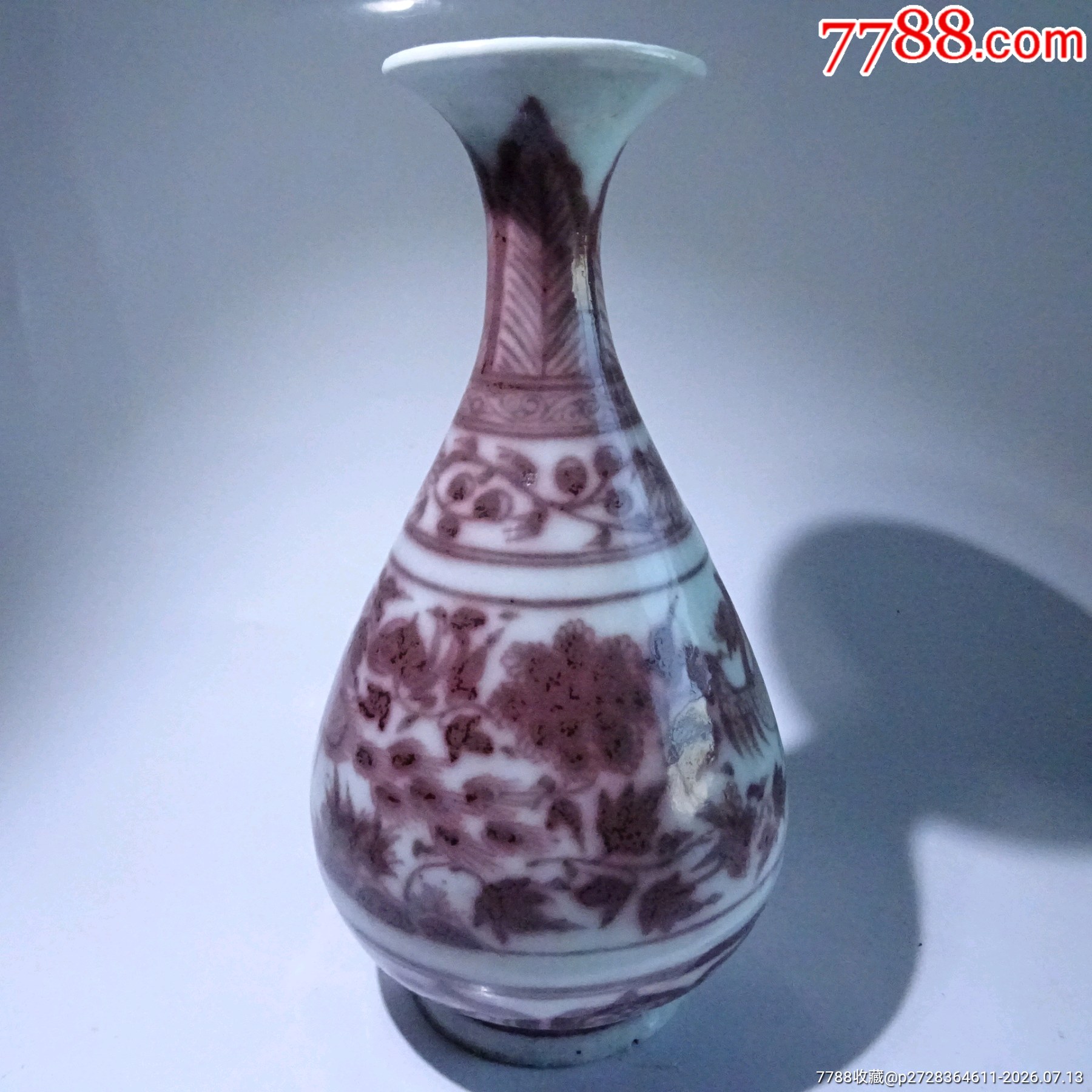 元代釉里红花鸟花卉玉壶春瓶-红釉瓷-7788商城