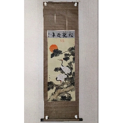 中国古美術・純手描き花鳥掛軸・水彩画・蒋延錫印款・書道品・絹本・肉筆・一物一图 上原霞堂，设色花鸟《松鹤图》国画书法古玩字画装饰挂画。绢本绫裱_