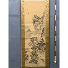 卧云居士，七十年代水墨山水中堂《溪山茅舍图》国画书法手绘字画。绢本
