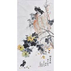 上原霞堂，设色花鸟《松鹤图》国画书法古玩字画装饰挂画。绢本绫裱_