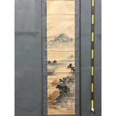 卧云居士，七十年代水墨山水中堂《溪山茅舍图》国画书法手绘字画。绢本