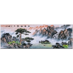 竹田，七十年代大幅水墨山水中堂《春山瀑江图》国画书法手绘字画。绢本