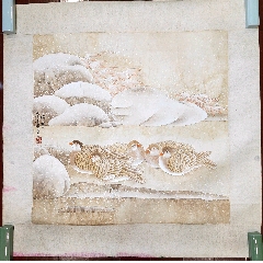由怡华，八十年代工笔花鸟画《鸳鸯戏水图》国画书法古玩字画。原装老裱