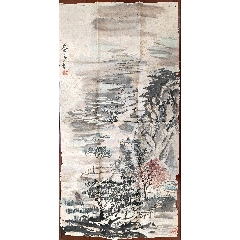 幽月，设色山水《溪村钓叟图》国画书法古玩字画装饰挂画。绢本绫裱_