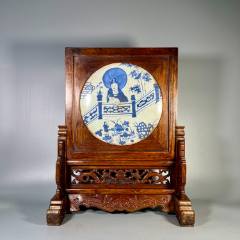 古董老黄花梨家具传世清代海南黄花梨镶嵌大理石插屏座屏风会所-木屏风